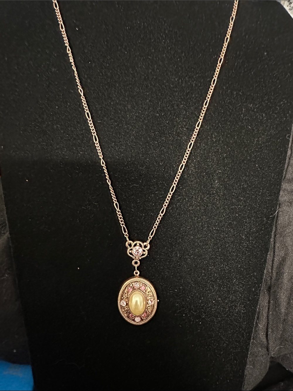 Gold-Tone Oval Locket Necklace with Pink Accents